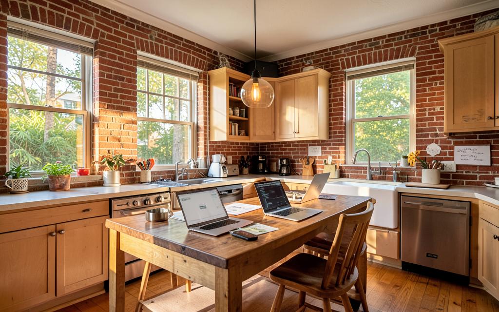A sunlit brick kitchen and shared worktable in an Old Fourth Ward founder house