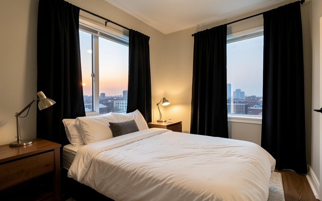 A quiet Atlanta bedroom with blackout curtains for a night-shift nurse
