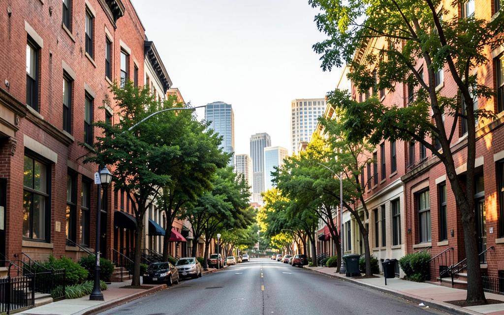 A tree-lined Atlanta street with brick homes and the Midtown skyline