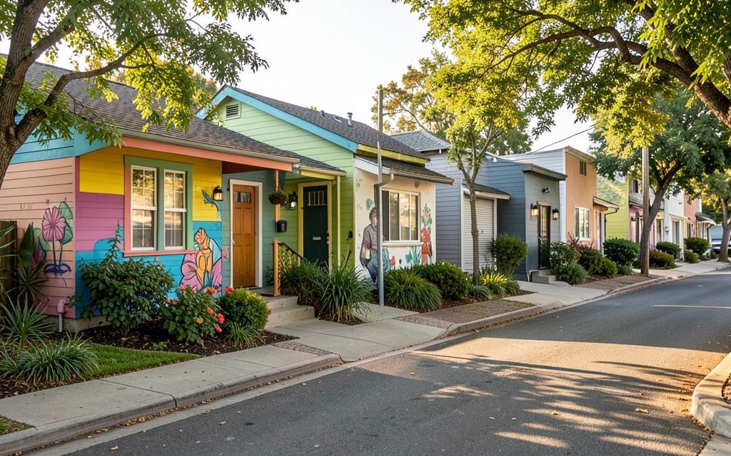 Colorful bungalows and murals on a leafy East Austin street