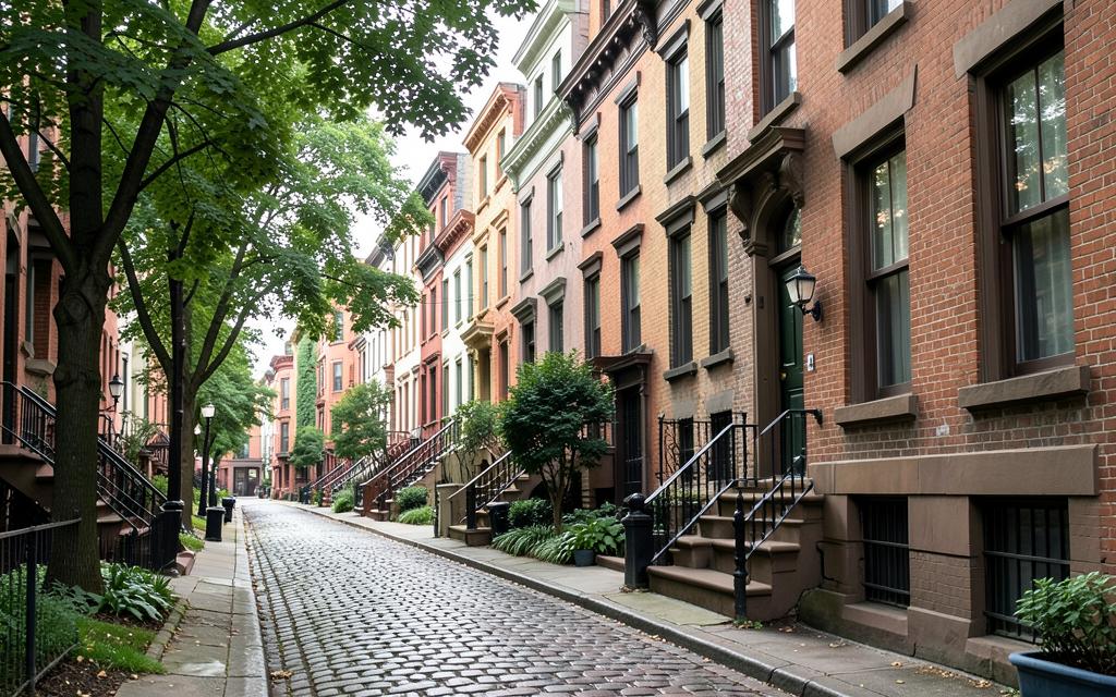 A quiet Cobble Hill street lined with brownstones and leafy trees