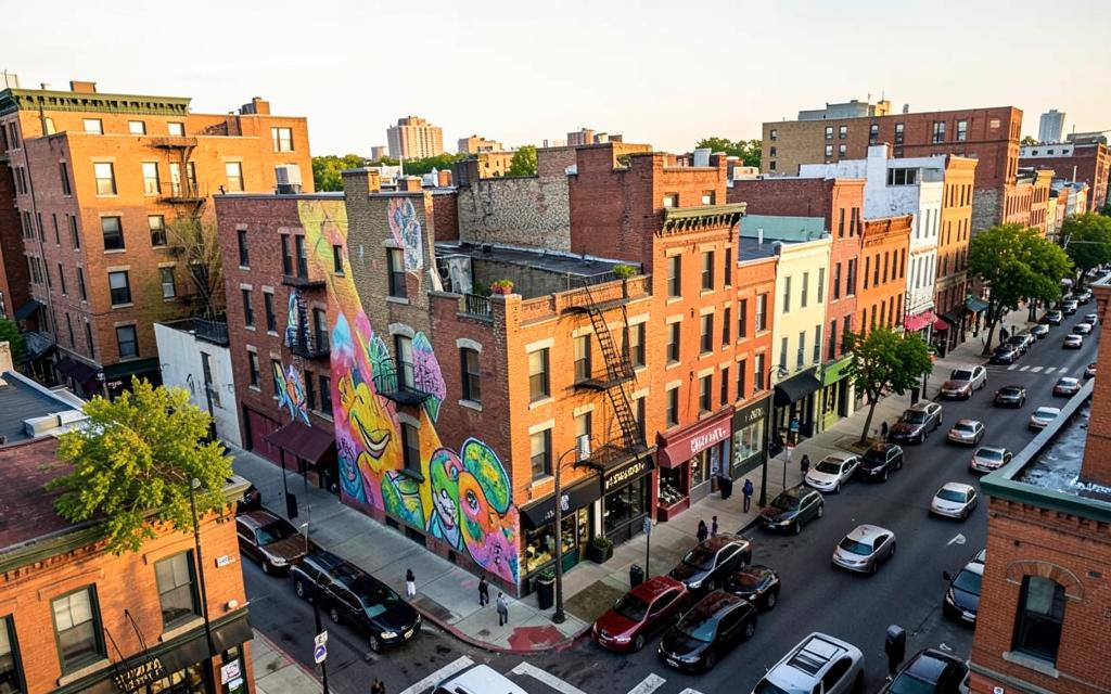 Brick lofts and a colorful mural along a street in Pilsen, Chicago