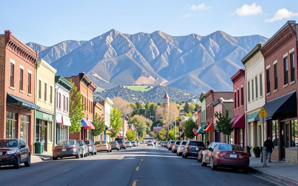 Downtown Golden storefronts with the Colorado foothills beyond