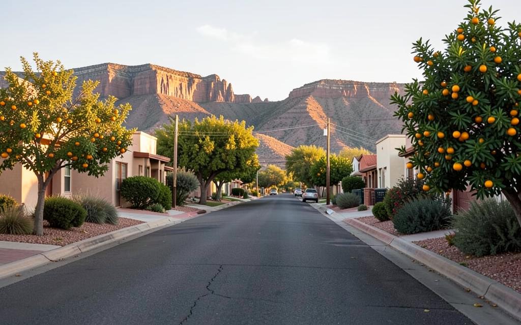 An Arcadia residential street with citrus trees and desert mountains