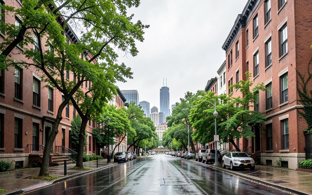 A rain-washed First Hill street with brick apartments and trees